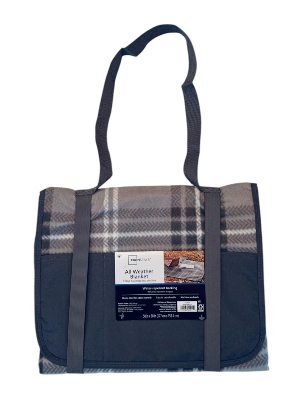Gray Plaid All Weather Blanket with Shoulder Strap NWT